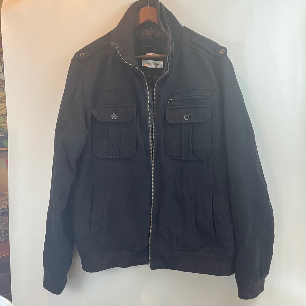 Calvin Klein Jacket Coat Wool Quilted Black Size Large Slim Fit Bomber